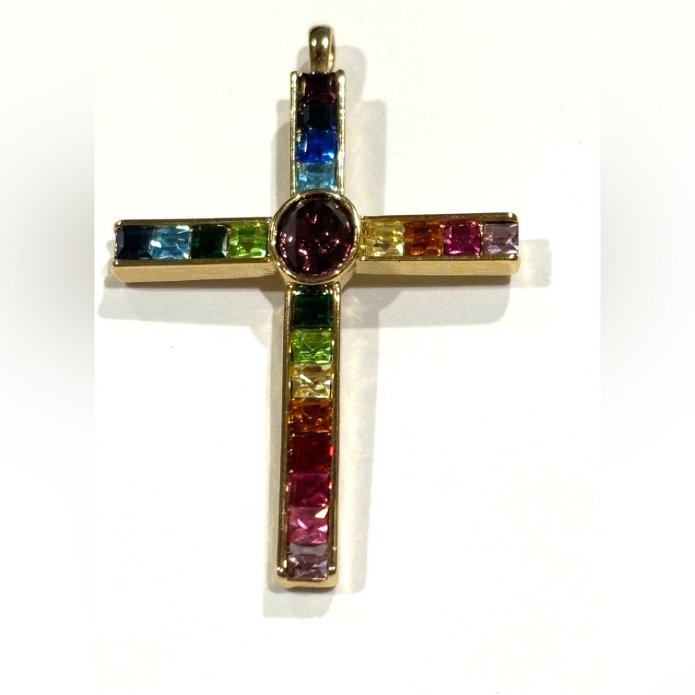 1998 PSCO cross pendant multi color rhinestone 2” x 1 1/4”